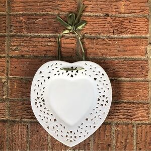 Pierced White Porcelain Heart Shaped 10” Plate with Green Ribbon